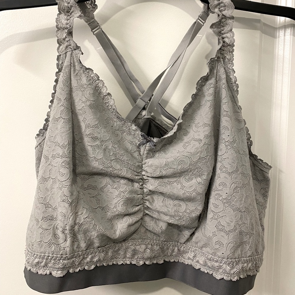 Cacique bra. Grey/silver lace. No wire. Comfortable and pretty.